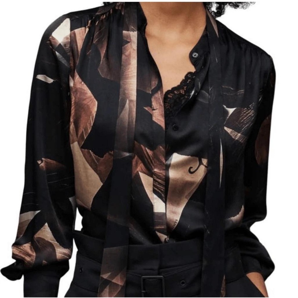 AllSaints Toni Iris Silk‎ Shirt UK 14 US 10 EU 42 Long Sleeve Abstract Print Art